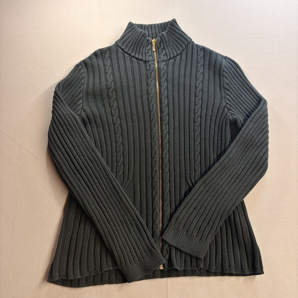 Chaps Womens Large Full Zip Cable Knit Sweater Jacket Black 100% Cotton